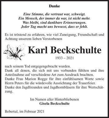 Traueranzeige von Karl Beckschulte  von Magdeburger Volksstimme