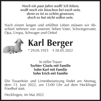 Traueranzeige von Karl Berger  von Magdeburger Volksstimme