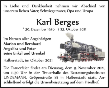 Traueranzeige von Karl Berges  von Magdeburger Volksstimme
