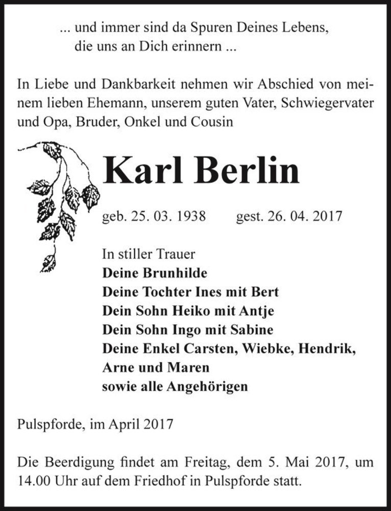 Traueranzeige für Karl Berlin  vom 29.04.2017 aus Magdeburger Volksstimme
