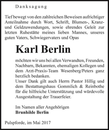 Traueranzeige von Karl Berlin  von Magdeburger Volksstimme
