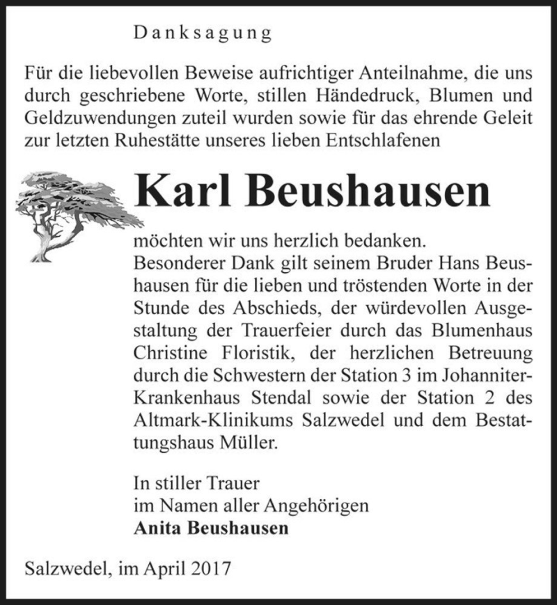  Traueranzeige für Karl Beushausen  vom 21.04.2017 aus Magdeburger Volksstimme