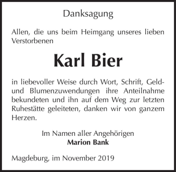 Traueranzeige von Karl Bier  von Magdeburger Volksstimme