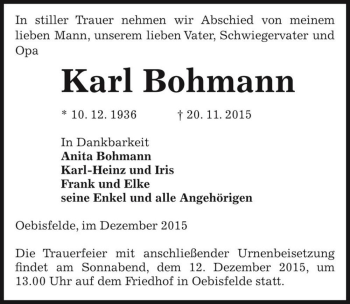 Traueranzeige von Karl Bohmann  von Magdeburger Volksstimme