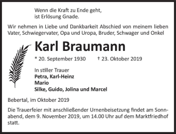 Traueranzeige von Karl Braumann  von Magdeburger Volksstimme