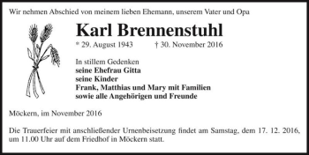 Traueranzeige von Karl Brennenstuhl  von Magdeburger Volksstimme