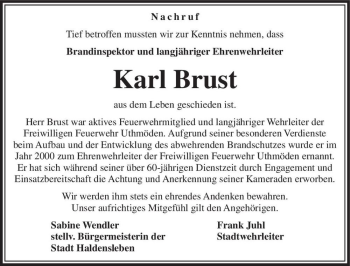 Traueranzeige von Karl Brust  von Magdeburger Volksstimme