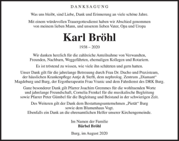 Traueranzeige von Karl Bröhl  von Magdeburger Volksstimme