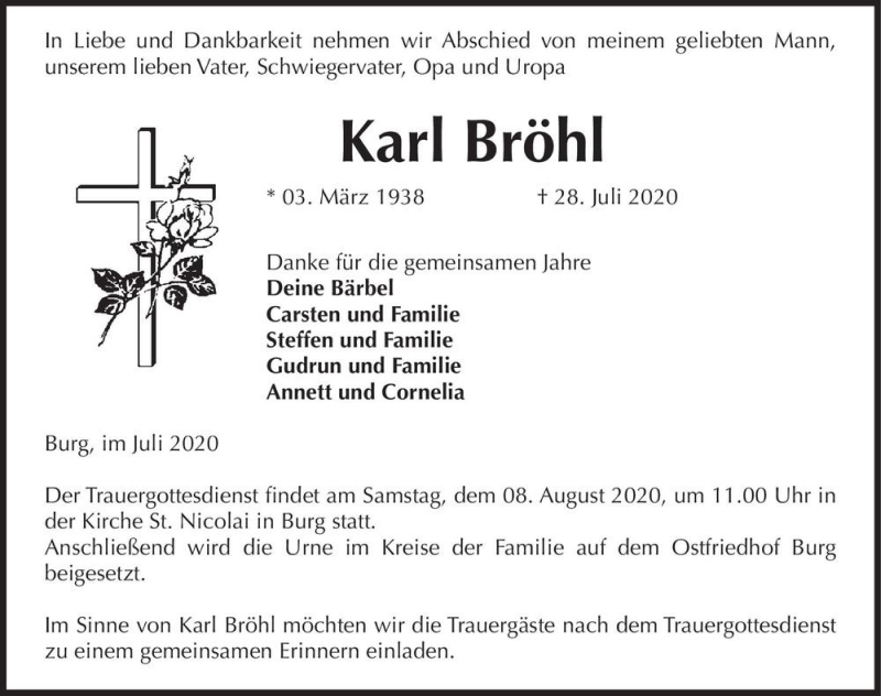  Traueranzeige für Karl Bröhl  vom 01.08.2020 aus Magdeburger Volksstimme
