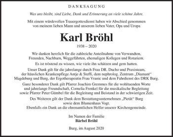 Traueranzeige von Karl Bröhl  von Magdeburger Volksstimme