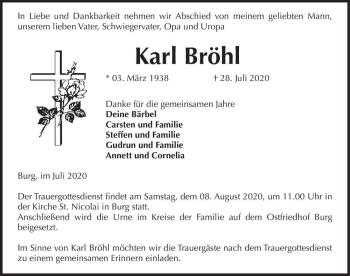 Traueranzeige von Karl Bröhl  von Magdeburger Volksstimme