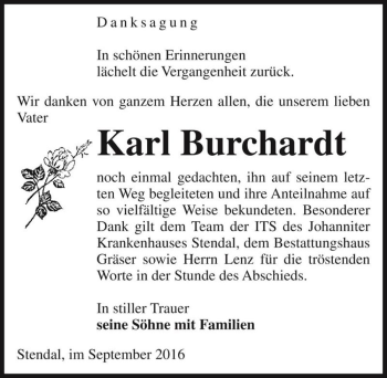Traueranzeige von Karl Burchardt  von Magdeburger Volksstimme