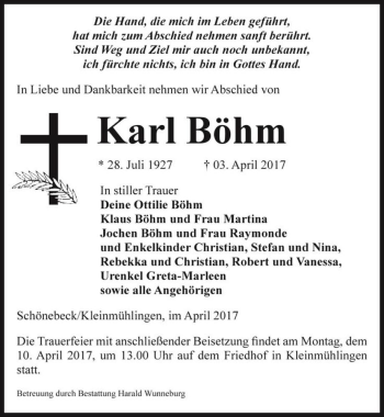 Traueranzeige von Karl Böhm  von Magdeburger Volksstimme