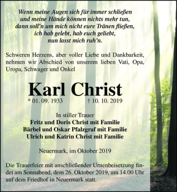 Traueranzeige von Karl Christ  von Magdeburger Volksstimme