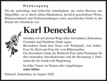 Traueranzeige von Karl Denecke  von Magdeburger Volksstimme