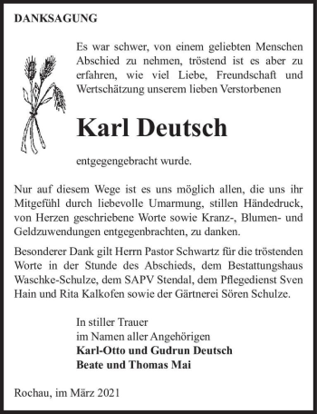 Traueranzeige von Karl Deutsch  von Magdeburger Volksstimme