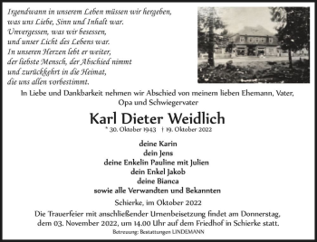 Traueranzeige von Karl Dieter Weidlich  von Magdeburger Volksstimme