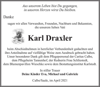 Traueranzeige von Karl Draxler  von Magdeburger Volksstimme