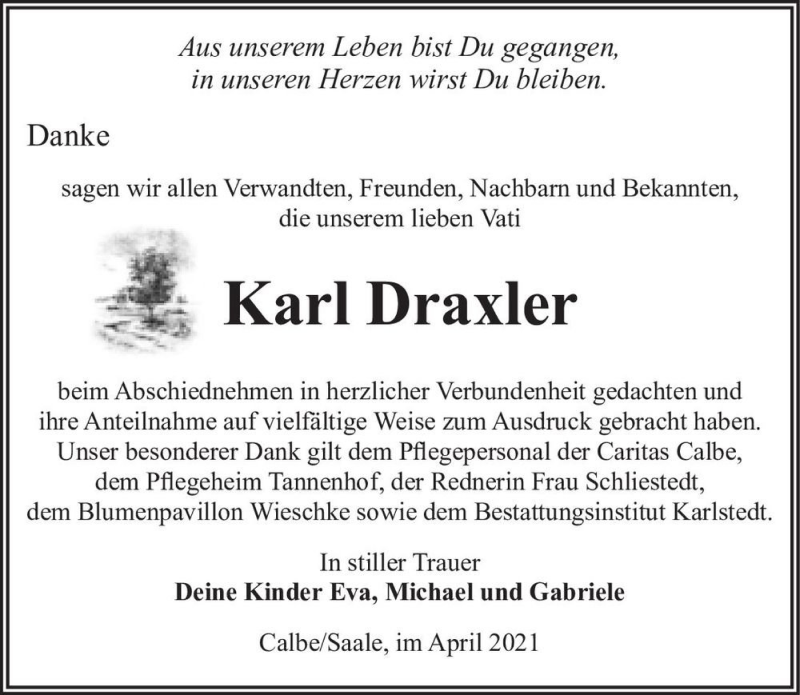 Traueranzeige für Karl Draxler  vom 17.04.2021 aus Magdeburger Volksstimme