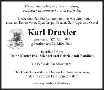 Traueranzeige von Karl Draxler  von Magdeburger Volksstimme