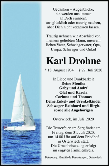 Traueranzeige von Karl Drohne  von Magdeburger Volksstimme