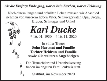 Traueranzeige von Karl Ducke  von Magdeburger Volksstimme