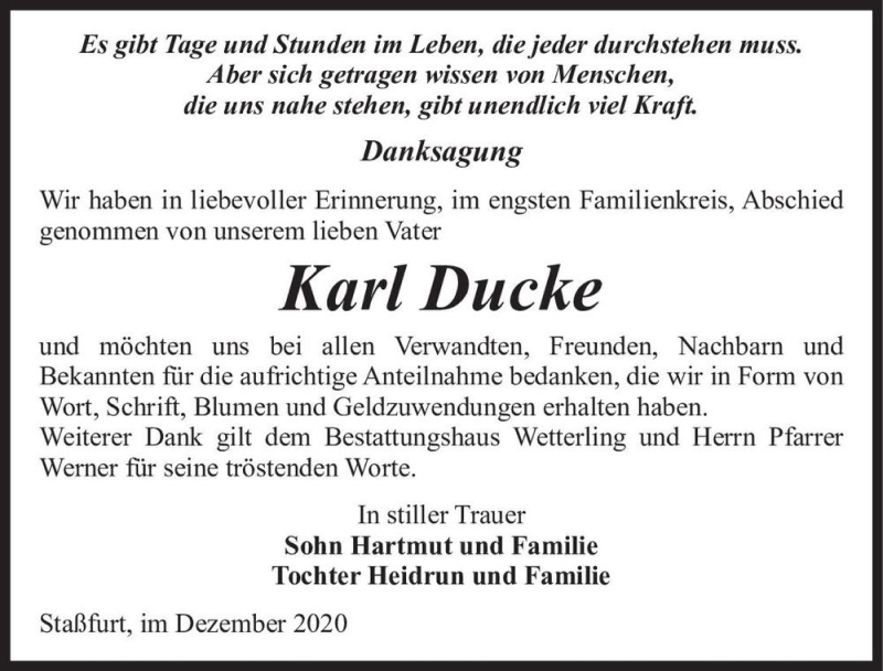  Traueranzeige für Karl Ducke  vom 12.12.2020 aus Magdeburger Volksstimme