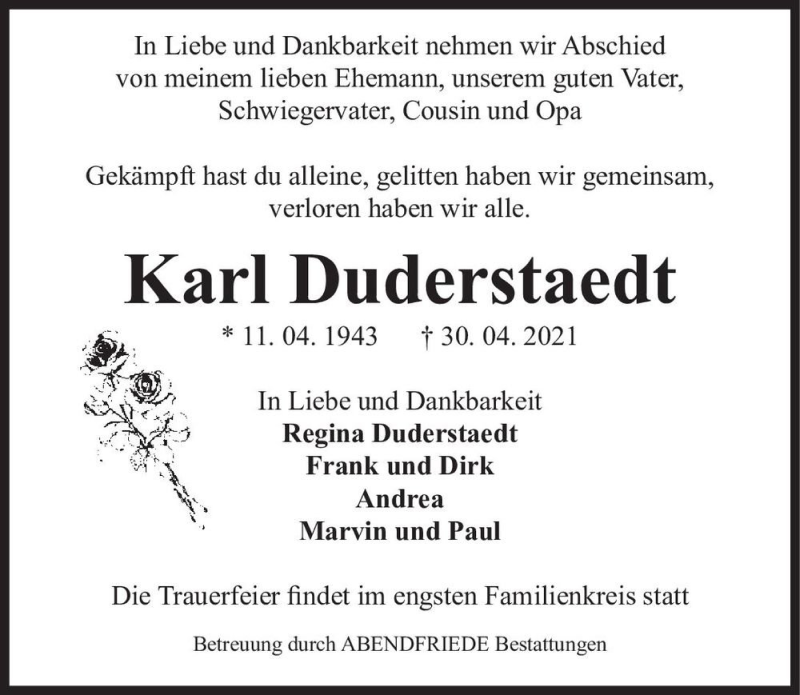  Traueranzeige für Karl Duderstaedt  vom 15.05.2021 aus Magdeburger Volksstimme