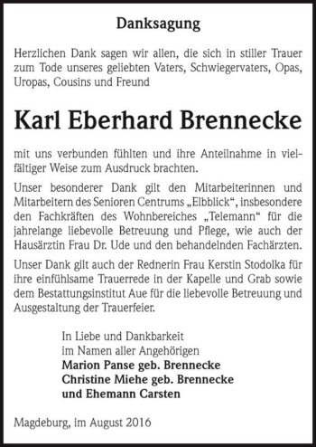 Traueranzeige von Karl Eberhard Brennecke  von Magdeburger Volksstimme