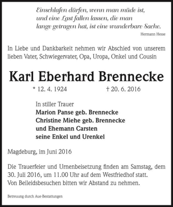 Traueranzeige von Karl Eberhard Brennecke  von Magdeburger Volksstimme