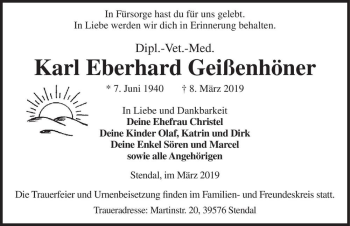 Traueranzeige von Karl Eberhard Geißenhöner  von Magdeburger Volksstimme