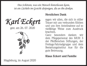Traueranzeige von Karl Eckert  von Magdeburger Volksstimme