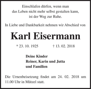 Traueranzeige von Karl Eisermann  von Magdeburger Volksstimme
