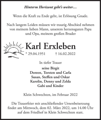 Traueranzeige von Karl Erxleben  von Magdeburger Volksstimme
