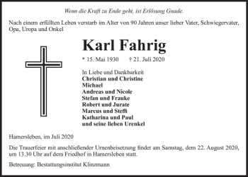 Traueranzeige von Karl Fahrig  von Magdeburger Volksstimme