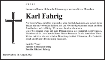 Traueranzeige von Karl Fahrig  von Magdeburger Volksstimme