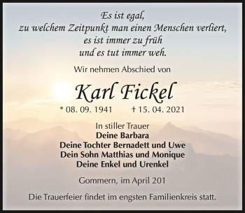 Traueranzeige von Karl Fickel  von Magdeburger Volksstimme