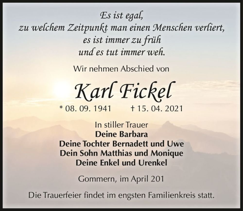  Traueranzeige für Karl Fickel  vom 24.04.2021 aus Magdeburger Volksstimme