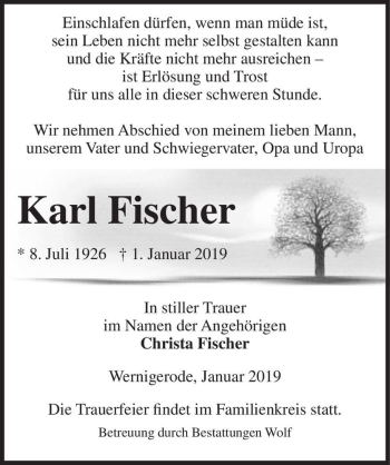 Traueranzeige von Karl Fischer  von Magdeburger Volksstimme