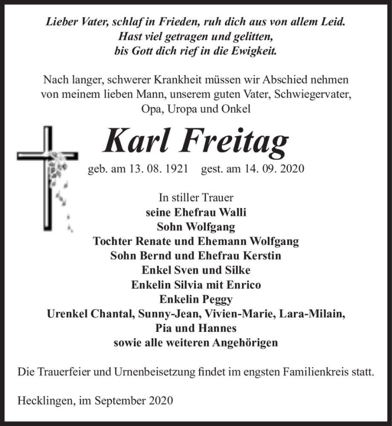  Traueranzeige für Karl Freitag  vom 19.09.2020 aus Magdeburger Volksstimme