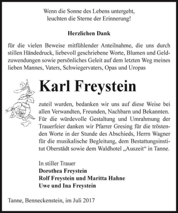 Traueranzeige von Karl Freystein  von Magdeburger Volksstimme