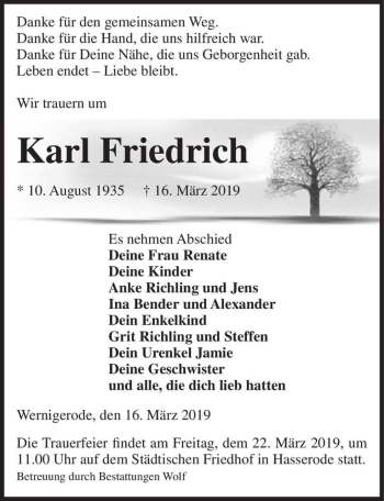 Traueranzeige von Karl Friedrich  von Magdeburger Volksstimme