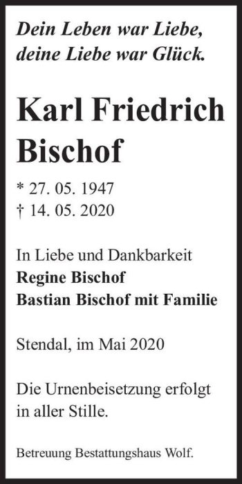 Traueranzeige von Karl Friedrich Bischof  von Magdeburger Volksstimme