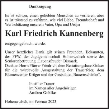 Traueranzeige von Karl Friedrich Kannenberg  von Magdeburger Volksstimme