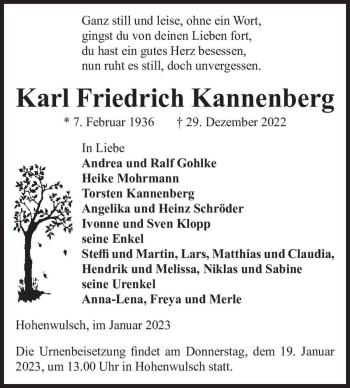 Traueranzeige von Karl Friedrich Kannenberg  von Magdeburger Volksstimme