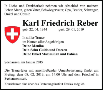 Traueranzeige von Karl Friedrich Reber  von Magdeburger Volksstimme