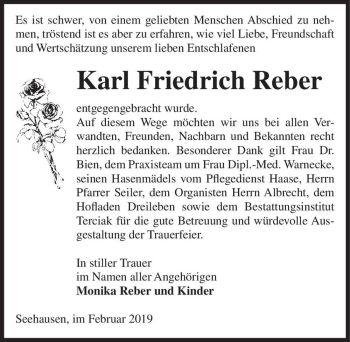 Traueranzeige von Karl Friedrich Reber  von Magdeburger Volksstimme