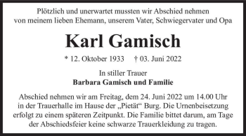 Traueranzeige von Karl Gamisch  von Magdeburger Volksstimme