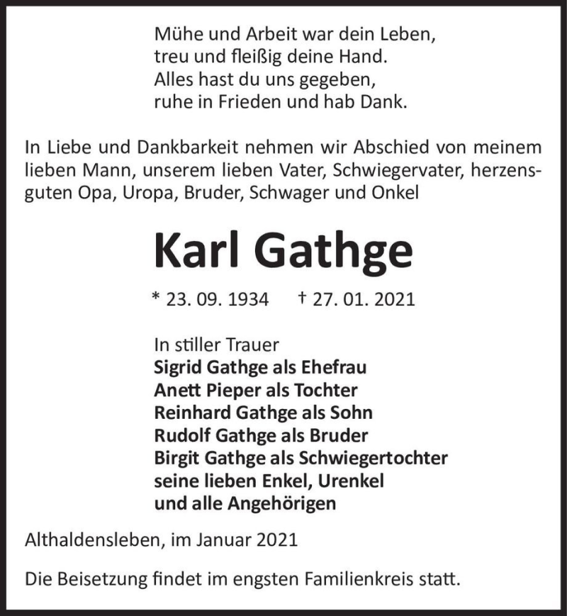  Traueranzeige für Karl Gathge  vom 30.01.2021 aus Magdeburger Volksstimme