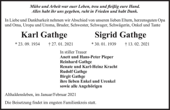 Traueranzeige von Karl Gathge und Sigrid Gathge  von Magdeburger Volksstimme